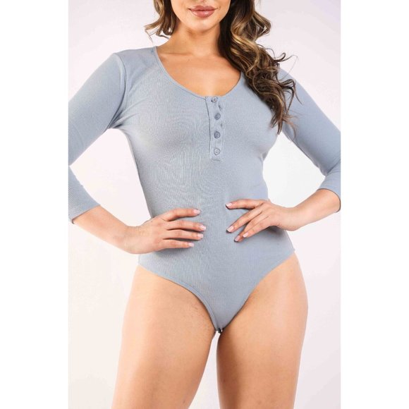 Women's Casual 3/4 Sleeve Front Button Ribbed Henley Deep V-Neck Bodysuit S,M,L - Picture 2 of 9
